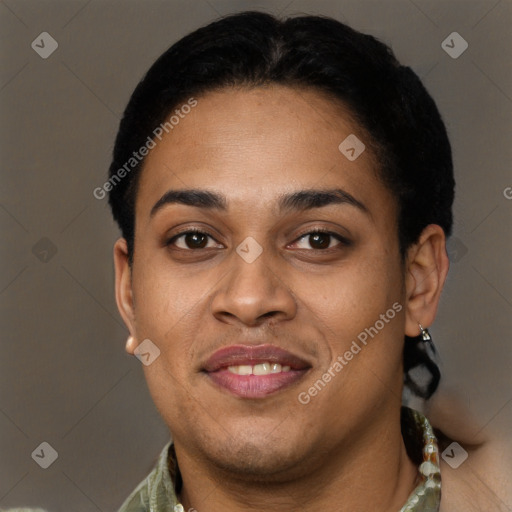 Joyful latino young-adult female with short  black hair and brown eyes