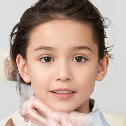 Joyful white child female with short  brown hair and brown eyes