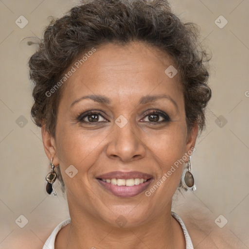 Joyful white adult female with short  brown hair and brown eyes