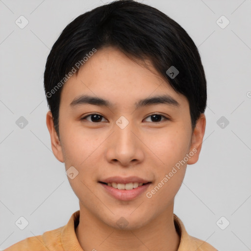 Joyful asian young-adult male with short  black hair and brown eyes