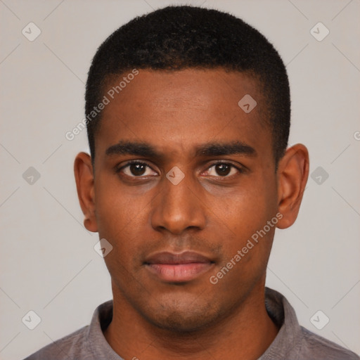 Neutral black young-adult male with short  black hair and brown eyes