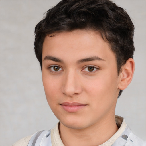 Neutral white young-adult female with short  brown hair and brown eyes