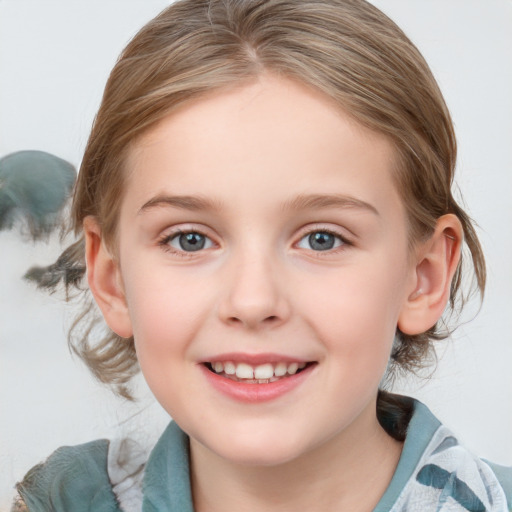 Joyful white child female with medium  brown hair and blue eyes