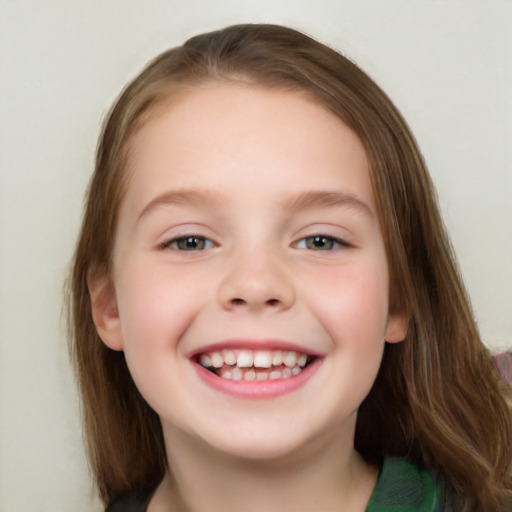 Joyful white child female with long  brown hair and brown eyes