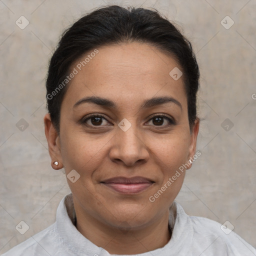 Joyful latino young-adult female with short  brown hair and brown eyes