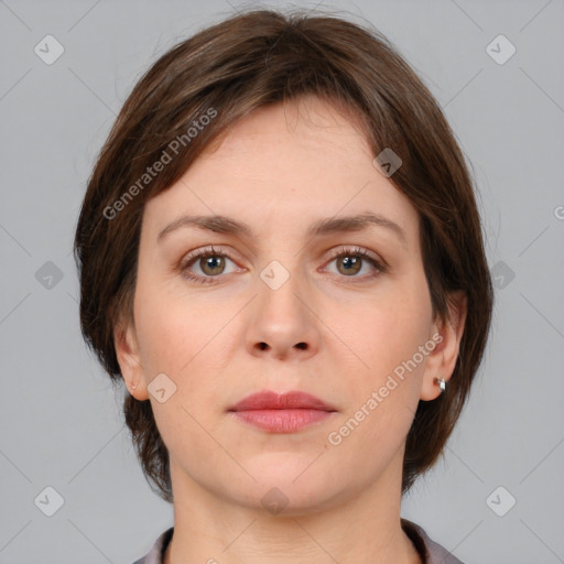 Neutral white young-adult female with medium  brown hair and brown eyes