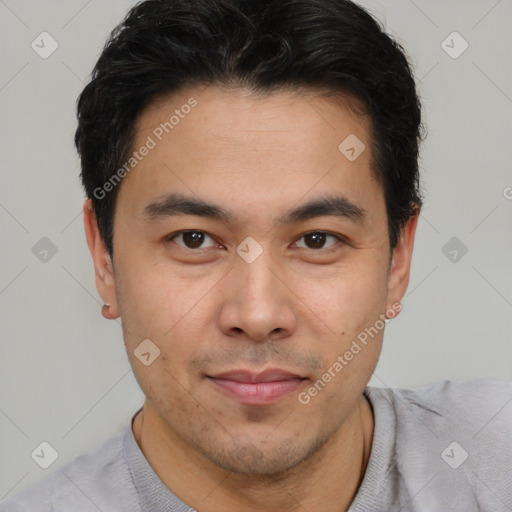 Neutral asian young-adult male with short  brown hair and brown eyes