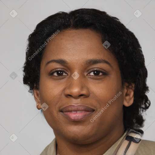 Joyful latino young-adult female with short  black hair and brown eyes