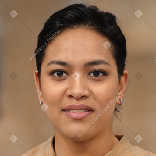 Joyful asian young-adult female with short  brown hair and brown eyes