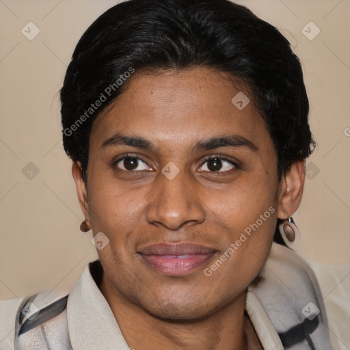 Joyful latino young-adult male with short  brown hair and brown eyes