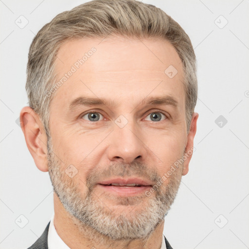 Neutral white adult male with short  brown hair and grey eyes