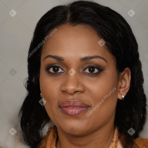 Joyful black young-adult female with medium  brown hair and brown eyes