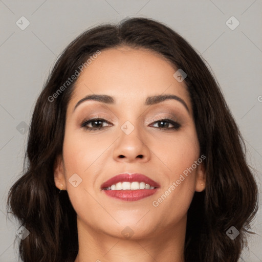 Joyful white young-adult female with long  brown hair and brown eyes