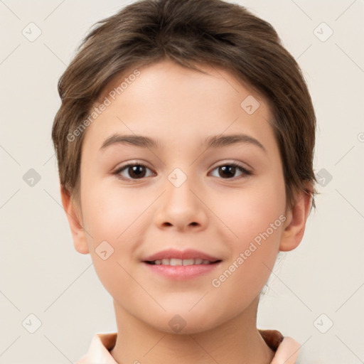 Joyful white child female with short  brown hair and brown eyes