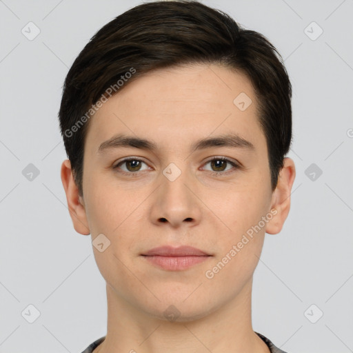 Neutral white young-adult male with short  brown hair and brown eyes