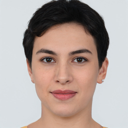 Joyful white young-adult female with short  black hair and brown eyes