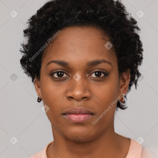 Neutral black young-adult female with short  black hair and brown eyes