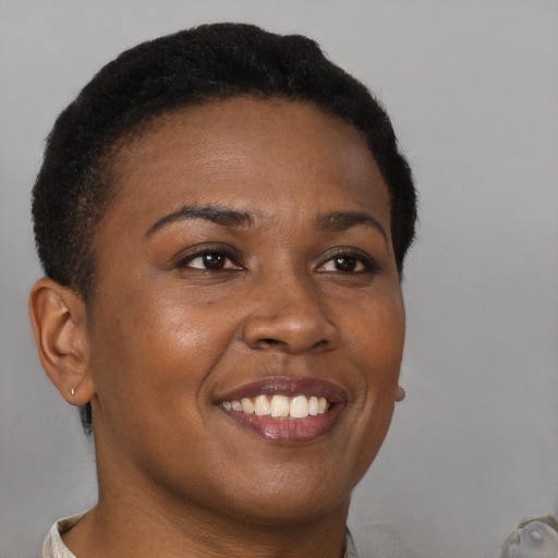 Joyful black young-adult female with short  brown hair and brown eyes