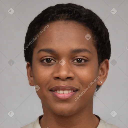 Joyful latino young-adult female with short  black hair and brown eyes