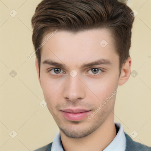 Neutral white young-adult male with short  brown hair and brown eyes