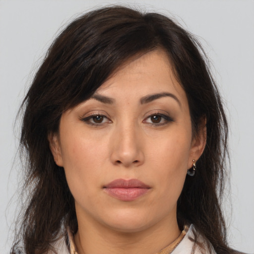 Neutral asian young-adult female with medium  brown hair and brown eyes