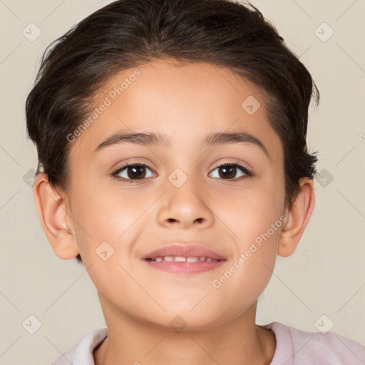 Joyful white child female with medium  brown hair and brown eyes