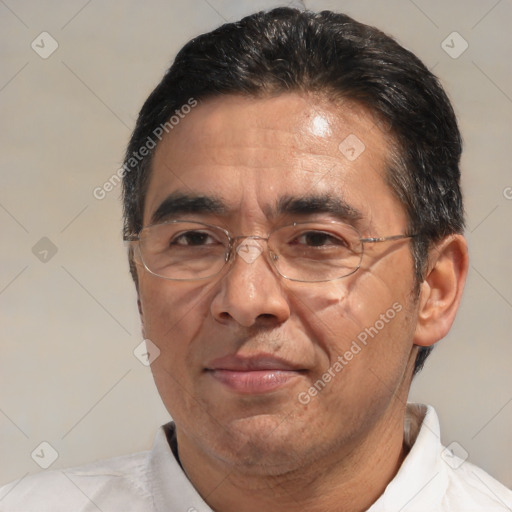 Joyful white middle-aged male with short  brown hair and brown eyes