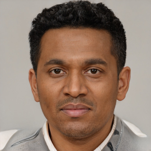 Neutral latino adult male with short  black hair and brown eyes