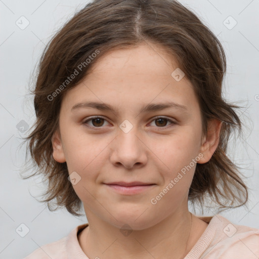 Joyful white child female with medium  brown hair and brown eyes