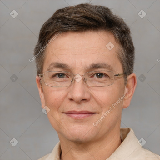 Joyful white middle-aged male with short  brown hair and brown eyes