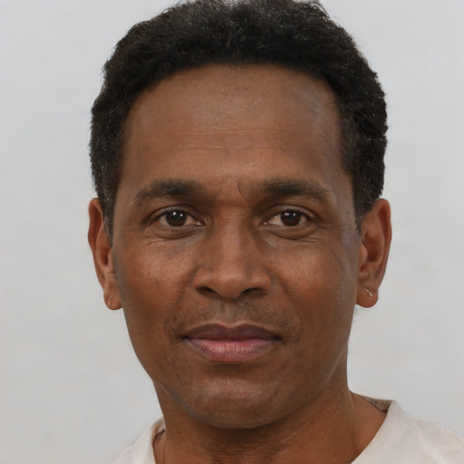 Neutral black adult male with short  black hair and brown eyes