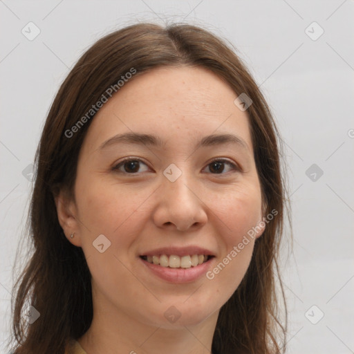 Joyful white young-adult female with long  brown hair and brown eyes