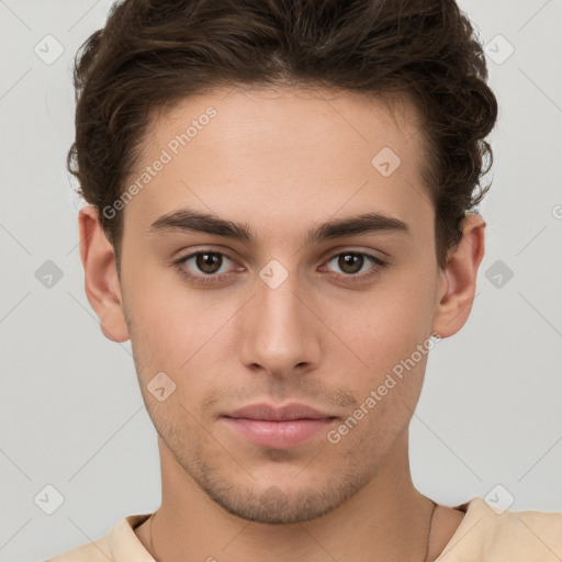 Neutral white young-adult male with short  brown hair and brown eyes