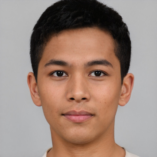 Neutral asian young-adult male with short  black hair and brown eyes