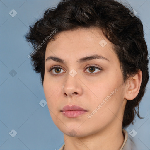 Neutral white young-adult female with short  brown hair and brown eyes