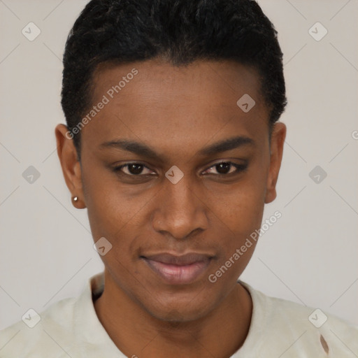 Joyful black young-adult female with short  black hair and brown eyes