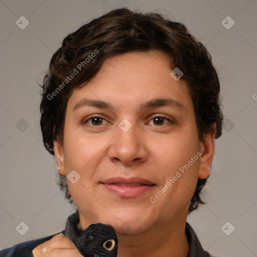 Joyful white young-adult female with short  brown hair and brown eyes