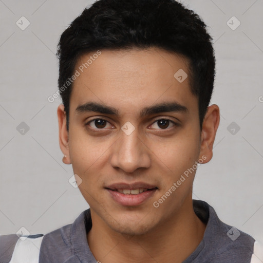 Joyful latino young-adult male with short  black hair and brown eyes