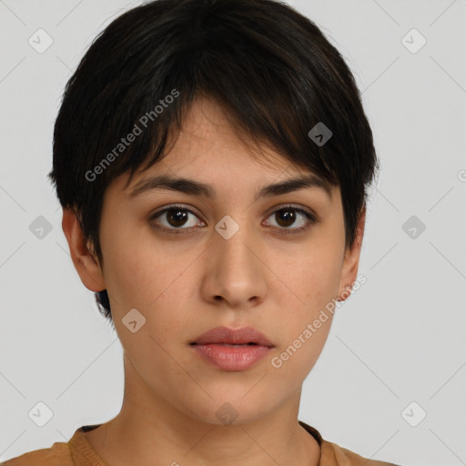 Neutral white young-adult female with short  brown hair and brown eyes