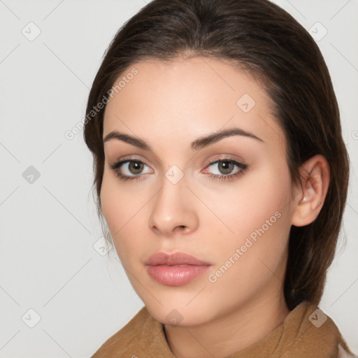 Neutral white young-adult female with medium  brown hair and brown eyes