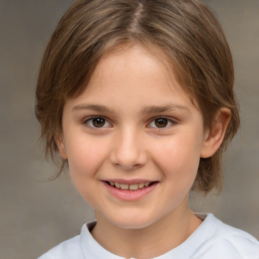 Joyful white child female with medium  brown hair and brown eyes