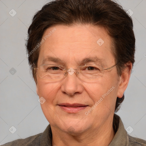 Joyful white middle-aged male with short  brown hair and brown eyes