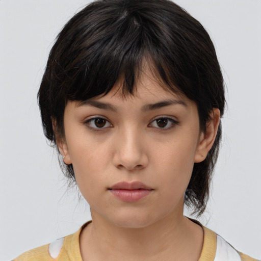 Neutral asian young-adult female with medium  brown hair and brown eyes