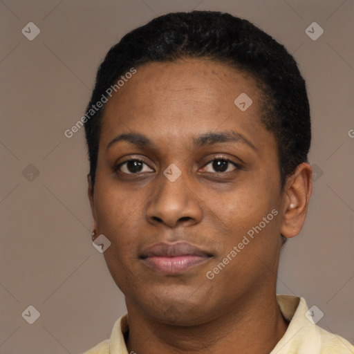 Neutral latino young-adult female with short  black hair and brown eyes
