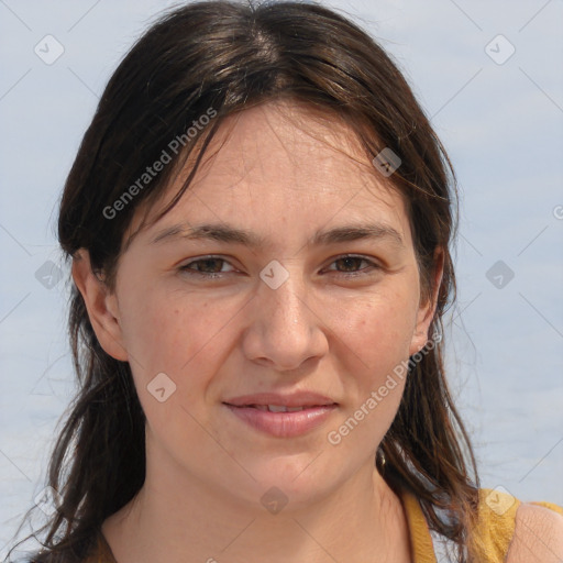 Joyful white young-adult female with medium  brown hair and brown eyes