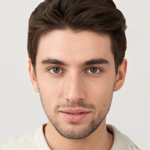 Neutral white young-adult male with short  brown hair and brown eyes