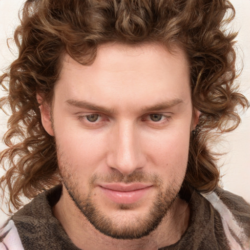 Joyful white young-adult male with medium  brown hair and brown eyes