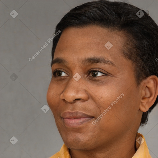 Joyful latino young-adult female with short  brown hair and brown eyes