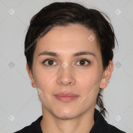 Neutral white young-adult female with medium  brown hair and brown eyes