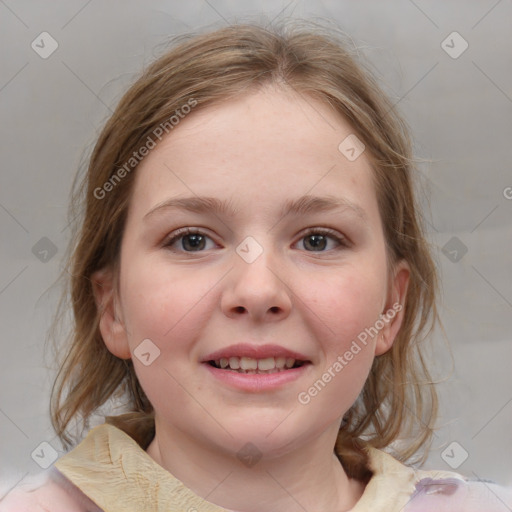 Joyful white child female with medium  brown hair and blue eyes